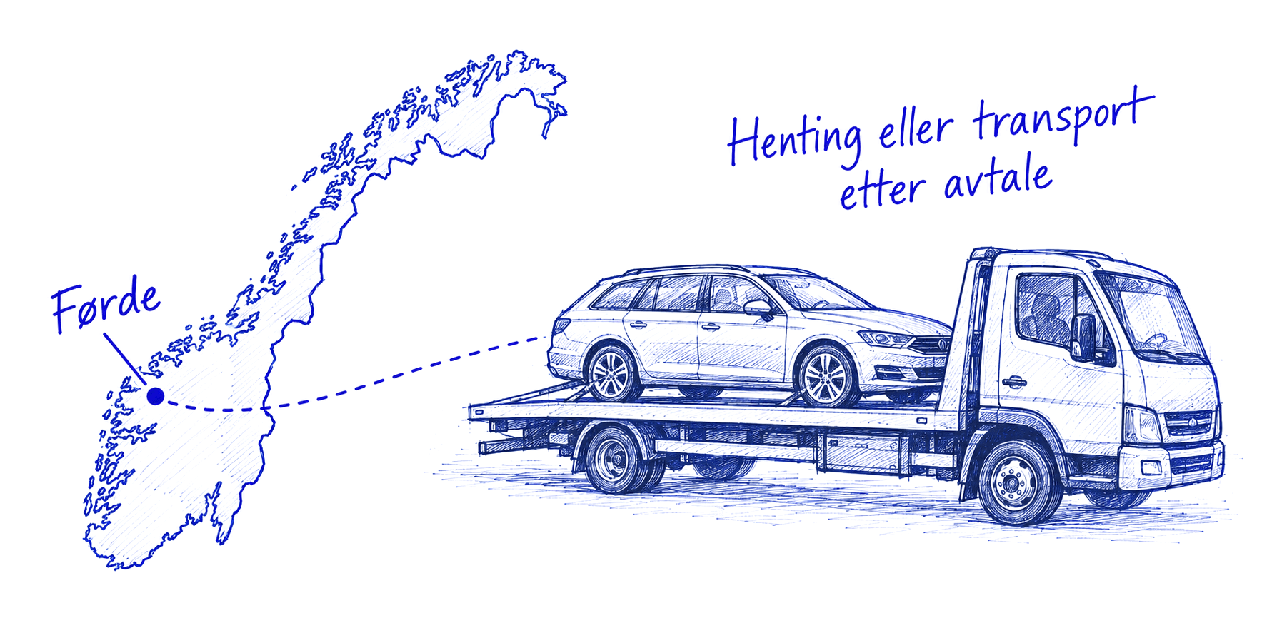 Kulepennskisse av Noreg med Førde markert og ein bil på transportbil. Henting eller transport etter avtale.